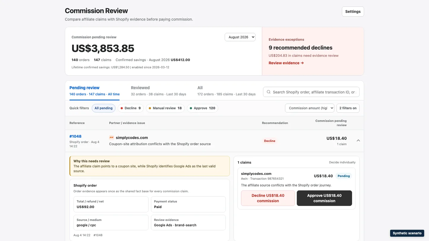 AttribGate 展开佣金请求后并列展示 Shopify 订单证据和联盟请求