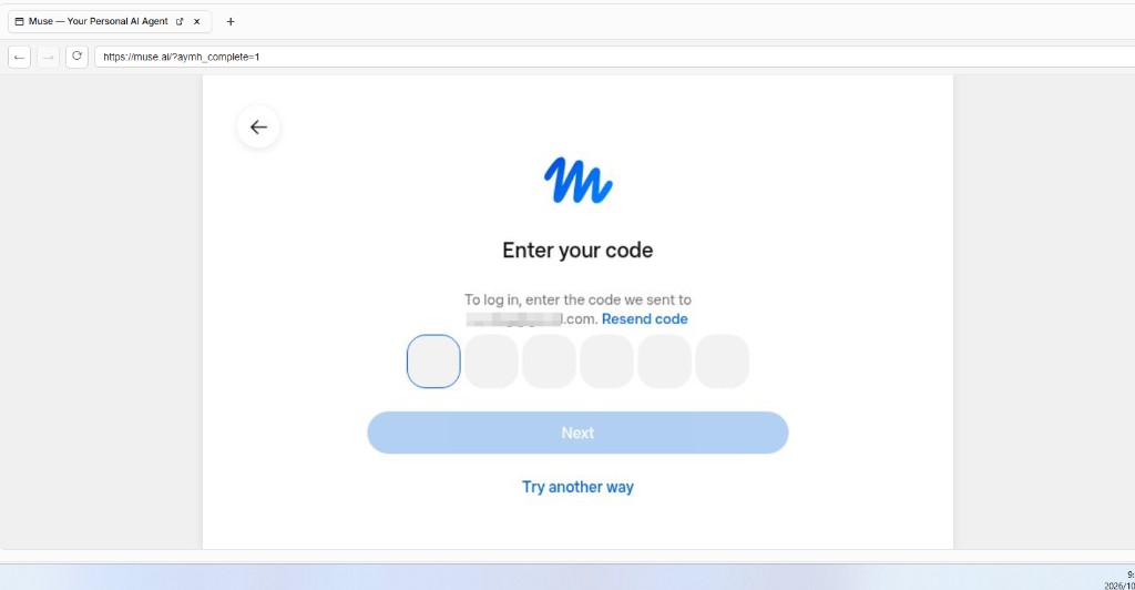 Muse 登录页：输入邮箱收到的 6 位验证码