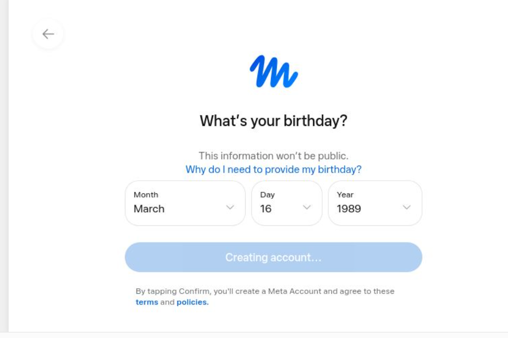 Muse 填写生日页面，正在创建账户