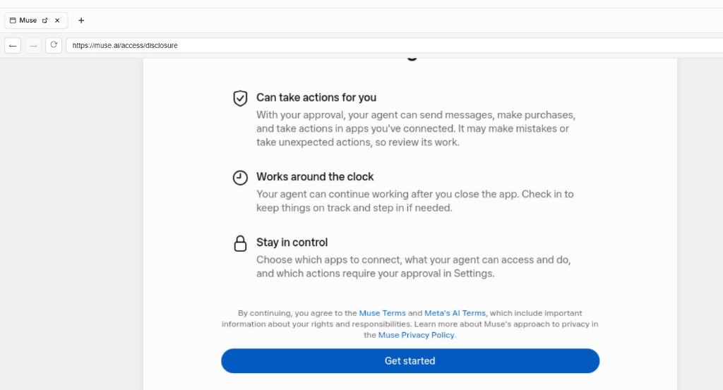 Muse 须知页底部的 Get started 按钮