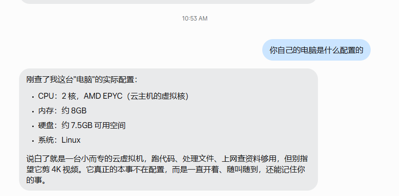 Muse 回答自己的云端电脑配置：2 核 CPU、8GB 内存、7.5GB 硬盘